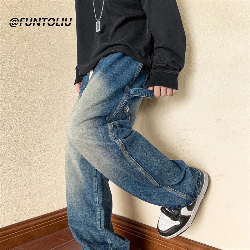 Calça jeans masculina estilo American Retro Brown Wide Leg: Macacões versáteis, folgados e de outono para as ruas da cidade