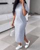 2024 Summer Women's Solid Color Short Sleeve Round Neck Slit Hem Dress