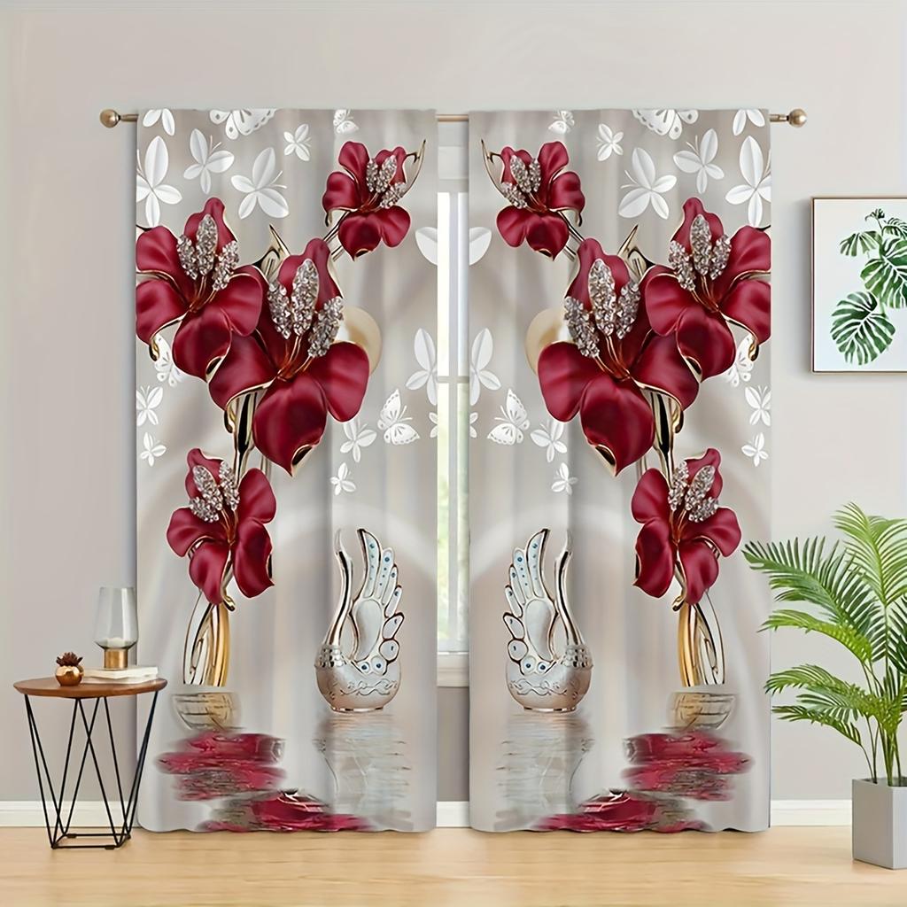 2pcs Rod Pocket Floral Printed Curtains, Window Drapes for Bedroom Living Room, Home Decoration, Room Decoration