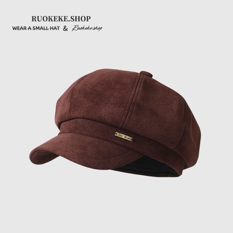 Maillard coffee suede octagonal hat women's autumn and winter warm versatile painter hat retro British newsboy hat