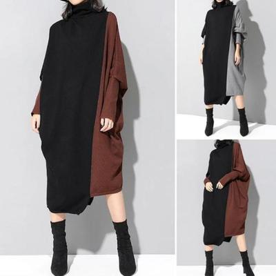 Übergröße Herbst Patchwork Farbe Midi Kleid Lockere Passform Kältebeständig Wadenmitte Beliebtes Damen Einkaufs kleid