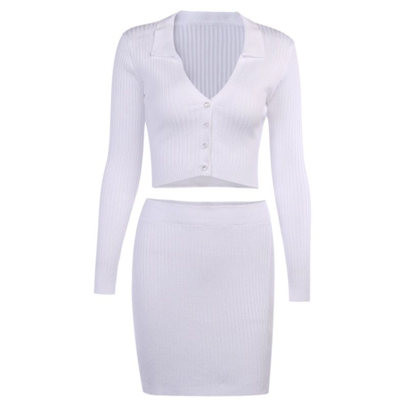 Short Skirt Suit Women V-neck Button Cardigan White Black Blue Women