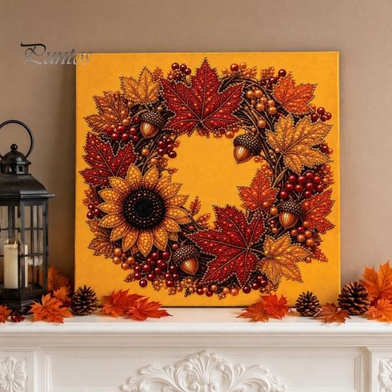 Funkelnde Herbstornamente Kürbis Kunst-Kit mit Kunstperlen, Herbstkranz Malerei Ernte Handgemachtes Bastelgeschenk 3D Perlen-Kit für Erwachsene Anfänger, Zuhause