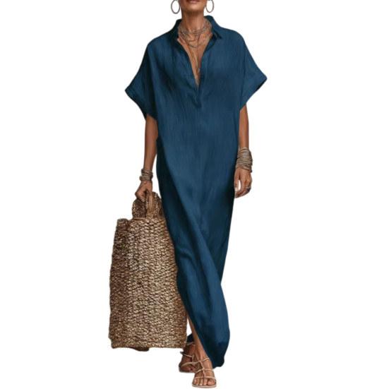 Summer Cotton Linen Dress for Women Short Sleeve Button Up Long Dress Casual Loose Beach Tunic Sundress