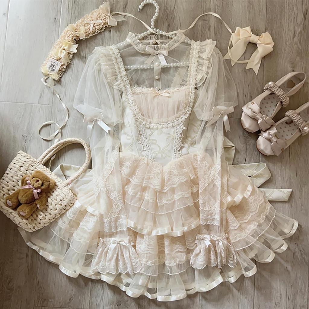 XHSUKADO Lolita JSK Jumper Skirt with Dreamy Cute Gothic Lolita Outfit with Ruffles and Mori Idol Apricot Size M Ribbon, Women's One-Piece Dress,