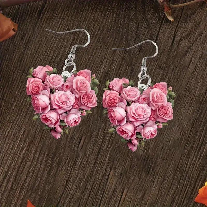 Romantic Love Pink Rose 2D Acrylic Earrings Creative Design Holiday Ladies Gift