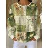 Women's Waffle Henley Collar Button-down Long-sleeved Top Forest Green Patchwork Botanical Floral Print Casual Pullover