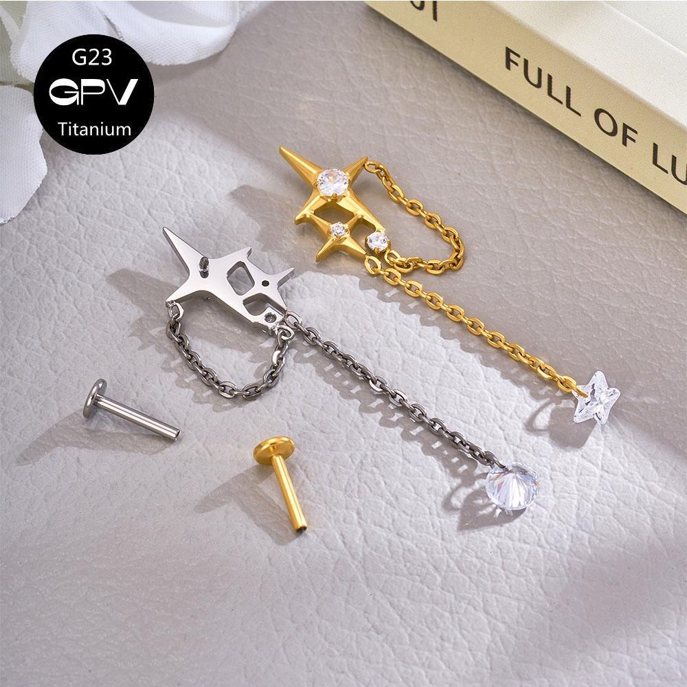 G23 F136 Titanium Star Ear Cartilage Nail Chain Pendant Cross 5A Zircon Earnail Women's Perforated Zircon