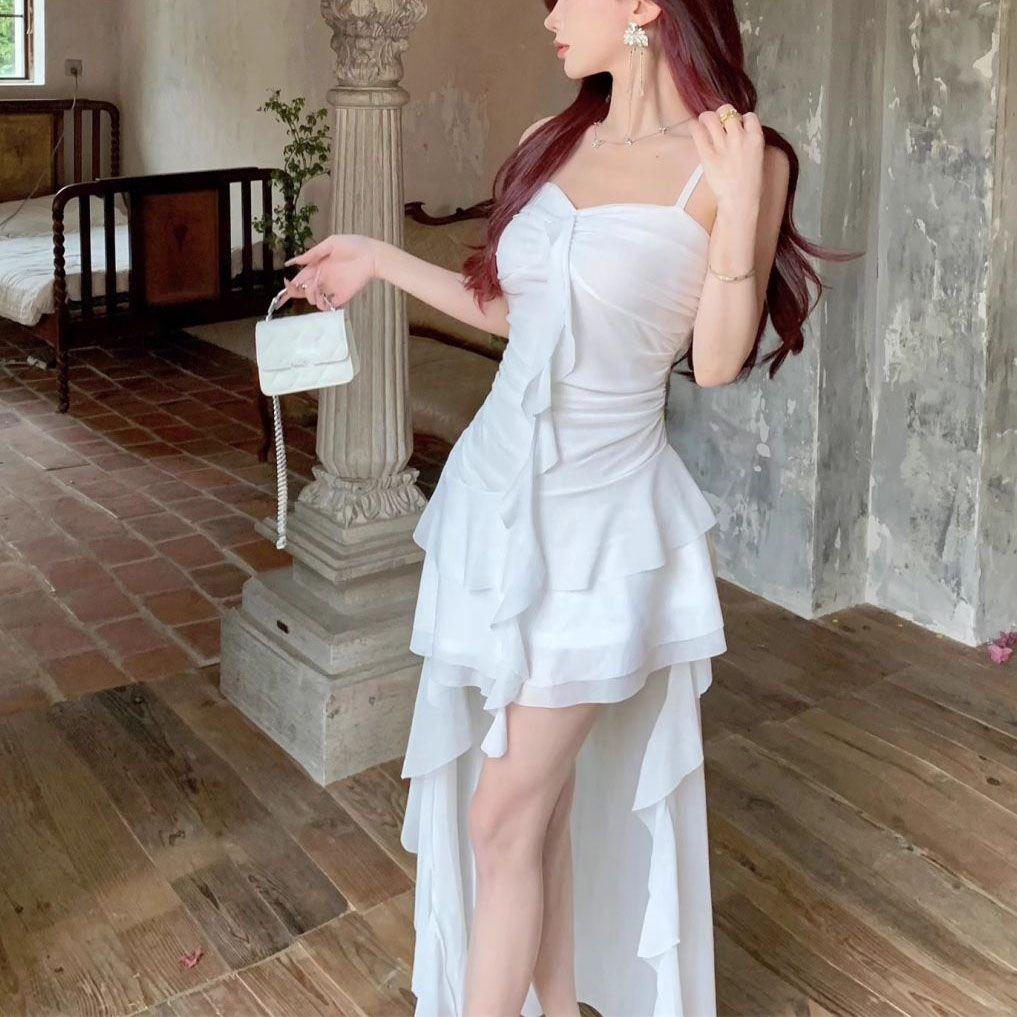 Sexy Spaghetti Strap Ruffle Irregular Bodycon Party Club Evening Dress Women Mesh Suspender Spring Summer Holiday Beach