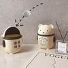 Cream Style Cute High Aesthetic Trash Bin, Dormitory Office Desktop Creative Miscellaneous Storage Bin, Mini Lid Strap