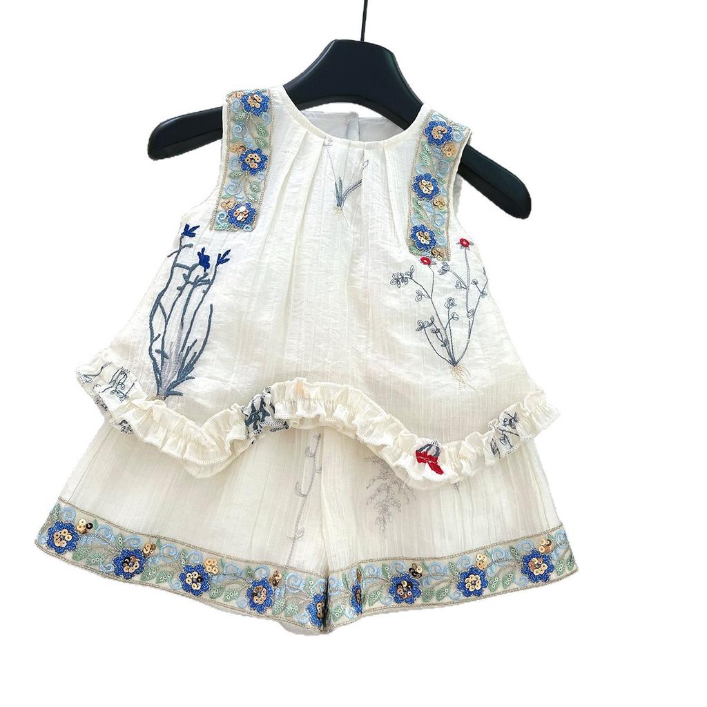 Girls Summer Sleeveless Top And Hollow Out Bow Shorts Set Thin Cute Two Piece Outfit For Baby Toddler Kids Clothing