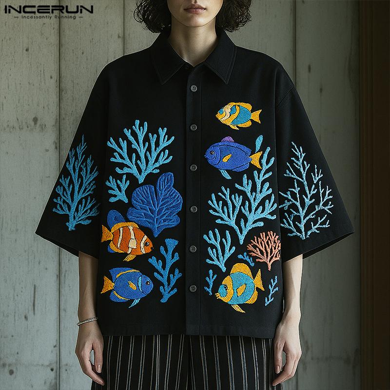 INCERUN Men Casual Loose 3/4 Sleeve Print Oversized Shirts Tops