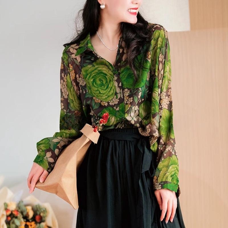 Women's Fashion Casual Spring Autumn Flower Pattern Print Long Sleeve POLO Neck Blouses & Shirts