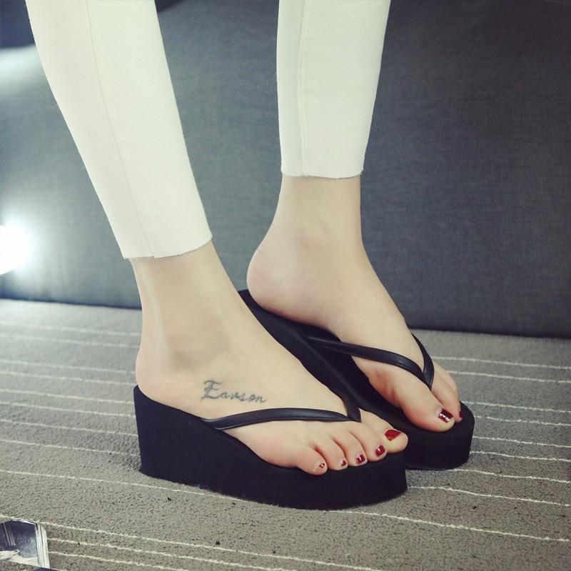 Student Women's Summer Non-Slip Toe-Post Slippers - Korean Style Wedge Heel with Thick Sole.