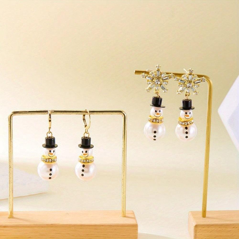 1 Pair Exquisite Snowman Dangle Earrings - Faux Pearl, Rhinestone Snowflakes, Tassel Accents, Christmas Style, Xmas Holiday Gift