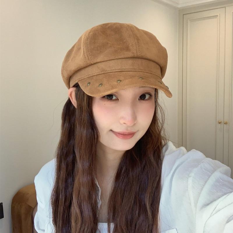Women S Suede Rivet Metal Fashion Octagonal Hat For Large Head Circumference