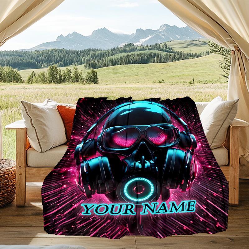 1PC Custom Name Cyberpunk Headphones Artwork outdooor Flannel blankets Patterns Throw Blanket All-Season Soft Gift for Couch, Bed, Camping gifts