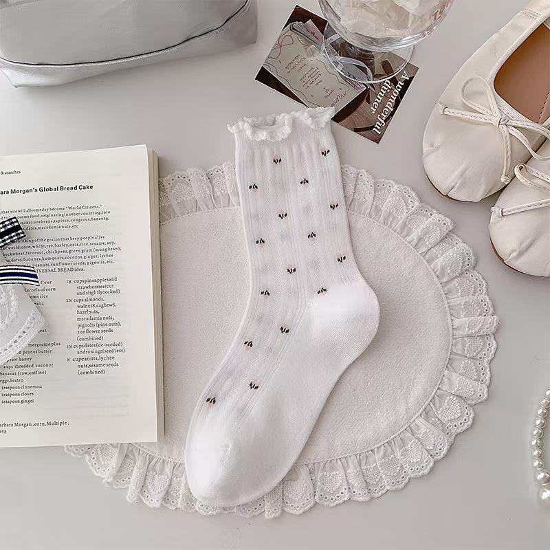 Spring 2026 Floral Mesh Breathable Cotton Socks for Women - Japanese Style, Seamless with Bubble Cuff, Mid-High Tube