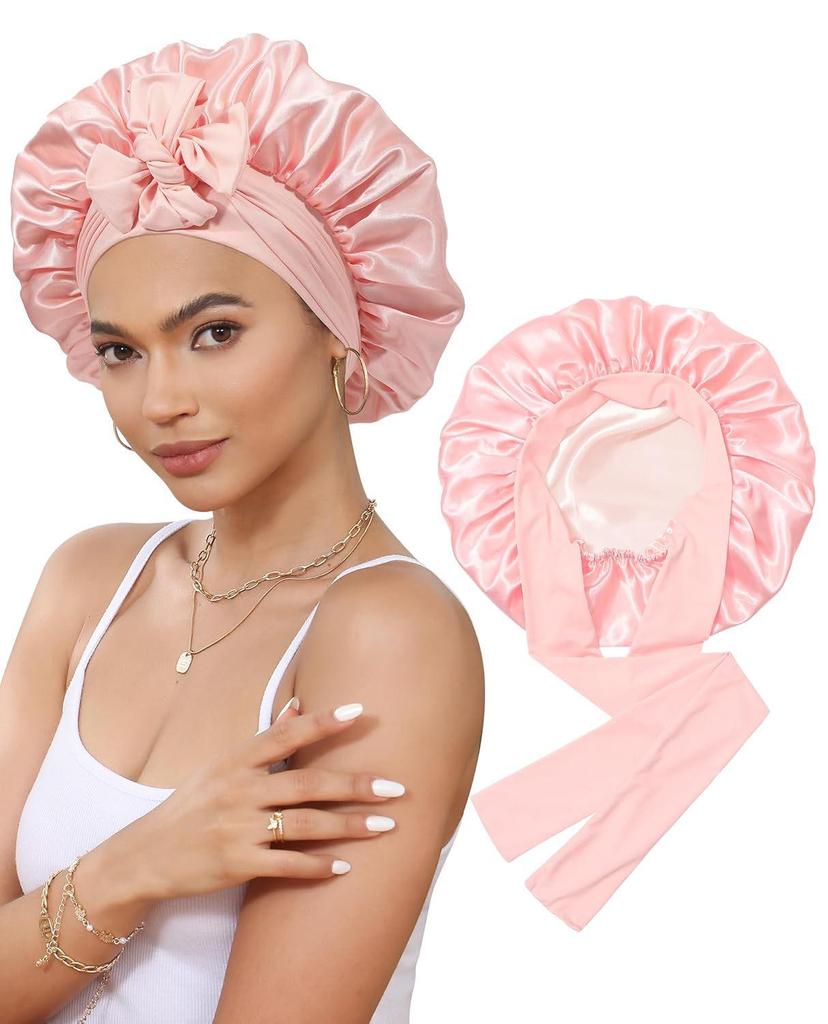 Women's Double-Layer Elastic Satin Sleep Cap - Wide Brim Hair Protection with Bow Ribbon