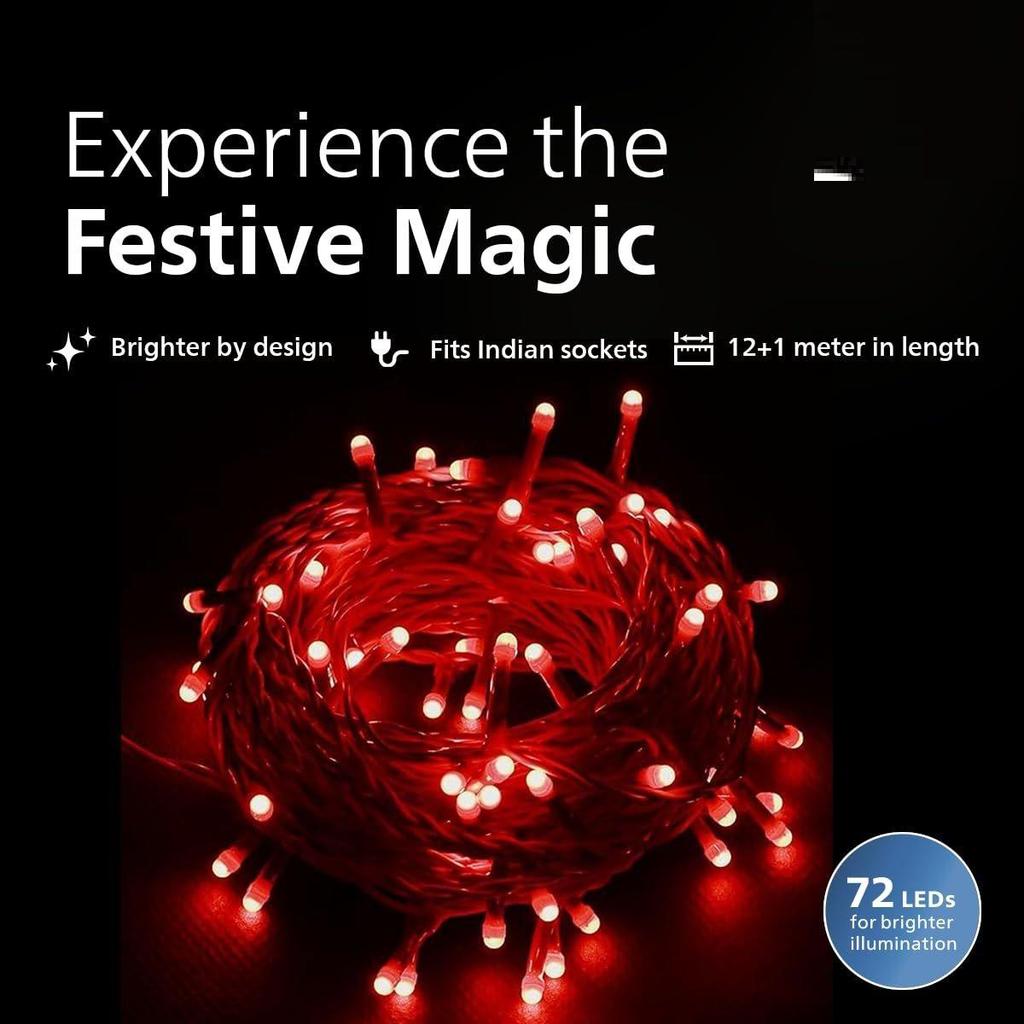 Starlit 12 Meter 72 LEDs String Light for Decoration | Festival LED String Light for Diwali, Christmas and Home Decoration| Red, Pack of 1
