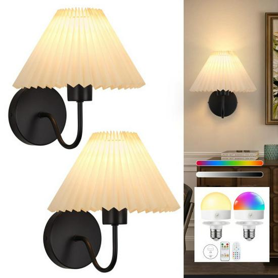 American-Style Wireless RGB Wall Lamp with Remote Control and Fabric Shade for Bedside, Living Room, or Stairwell