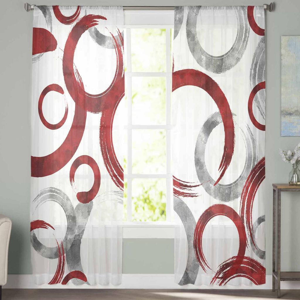 Geometric Paint Brush Circles Red Gray Bedroom Curtains Tulle Sheer Curtain Living Room Home Decor Voile Drapes