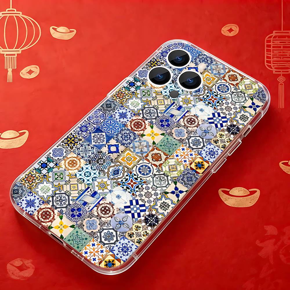 

Art Tile Moroccan pattern Phone Case For iPhone 17,16,15,14,13,12,11 Pro,Max,Plus,X,XS,XR,SE4,E Mini Transparent Soft Cover iPhone12PRO