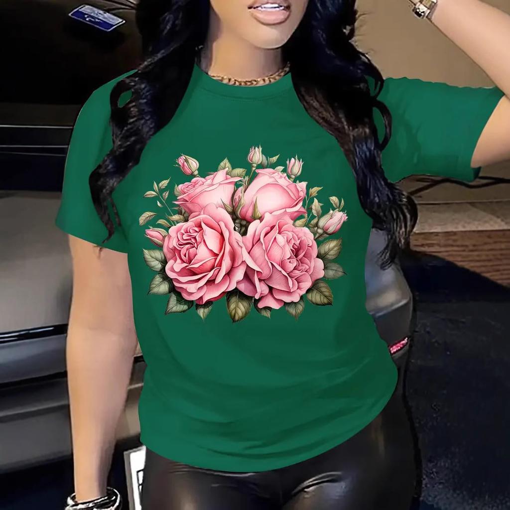Women's Summer Personalized Rose 3D Printed Short Sleeved Round Neck Summer T-shirt