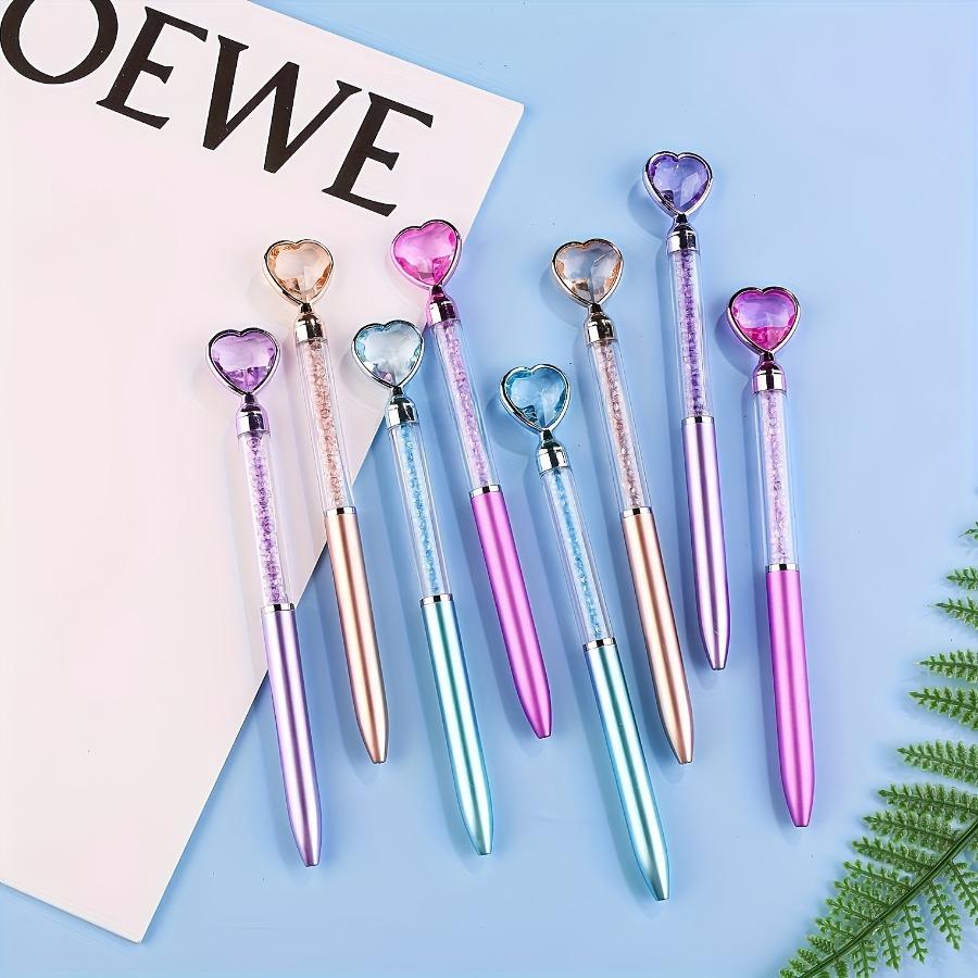 5pcs Set Diamond Heart Round Ballpoint Pen Colorful Imitation Metal Rod Crystal Liquid Sand Crushed Diamond Pen Crystal Gemstone Ballpoint Pen