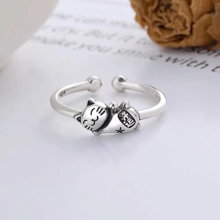 Artistic S925 Sterling Silver Cat & Flower Adjustable Ring for Women