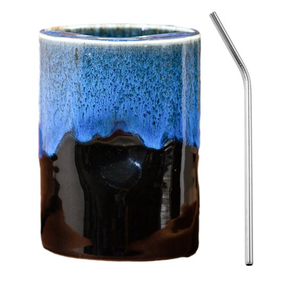 Vintage Keramik-Kaffeebecher mit Strohhalm, Retro Handbemalte Gestreifte Zylinderbecher, Grobkeramik für Heiße Kalte Getränke