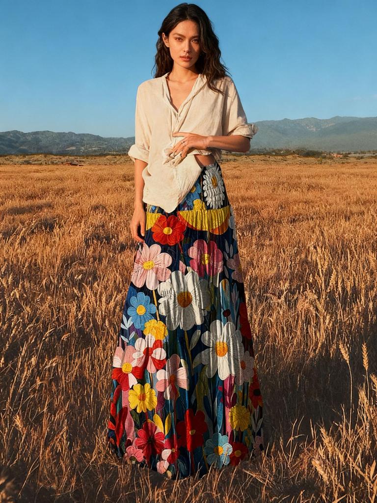 European & American Women's Floral Bohemian Half Skirt with Wide Hem & Elastic Waist