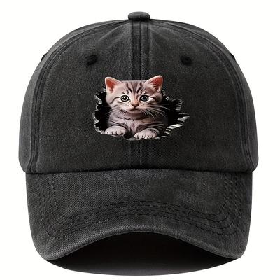 Vintage Style Adjustable Baseball Cap with Cat Print 100 Polyester HipHop Dad Hat Trucker Cap with Curved Brim for Fishing