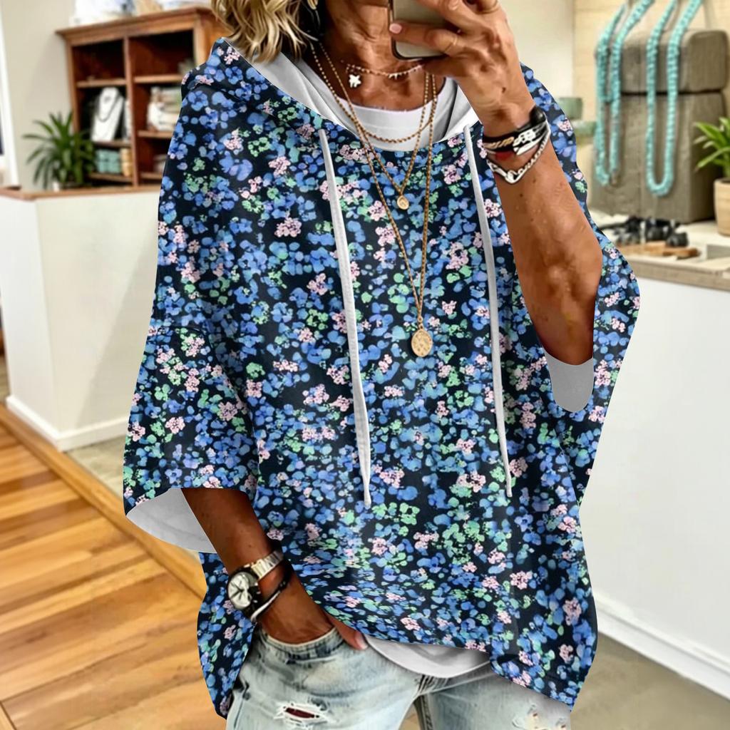Women's Vintage Floral Print Drawstring Hoodie Loose Fit Casual Sweatshirt Top