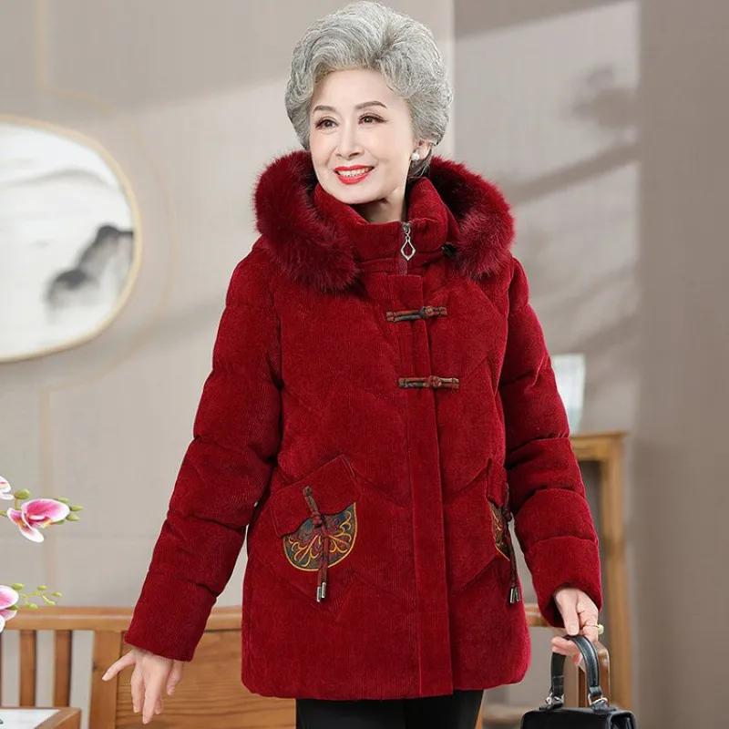 

Mom Fashion In The Long Old Lady Foreign Style Hooded Thick Padded Jacket 2025 New Grandma Corduroy Padded Jacket XXXXXL червоний