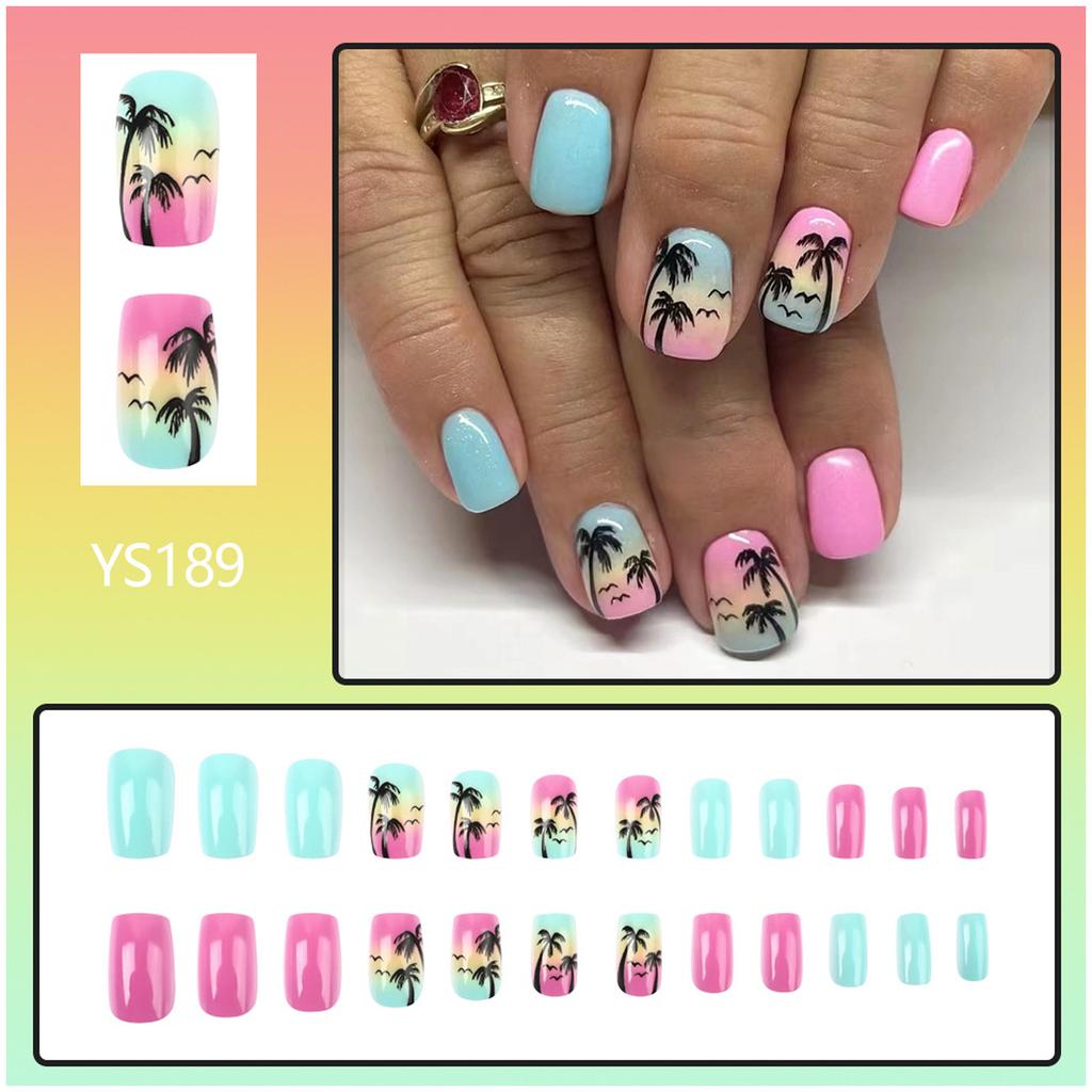 24x Short Square False Nail Coconut Tree Press On Nail Gradient Acrylic Nail Glossy Full Cover Stick on Nail for Woman