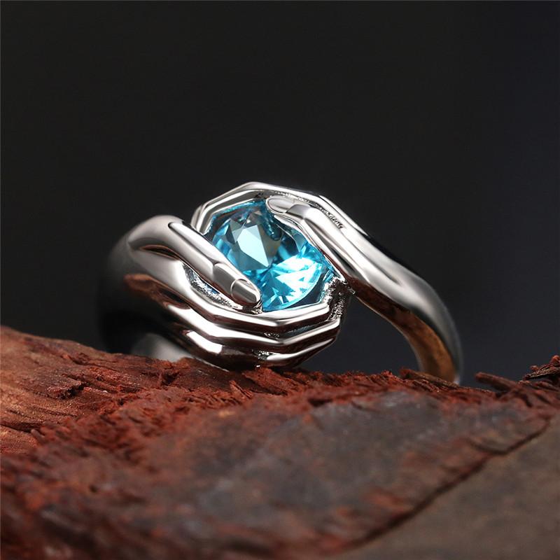 Noua personalitate Hands Hug Design Inele feminine cu zirconiu cubic albastru rotund Hip Hop Inele cool Bijuterii de modă pentru femei