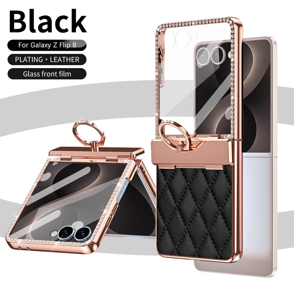 Luxury Diamond PU Leather Phone Case for Samsung Z Flip 8 7 6 5 4 Flip6 Flip7 Flip8 Ring Holder Hinge Protective Cover Women