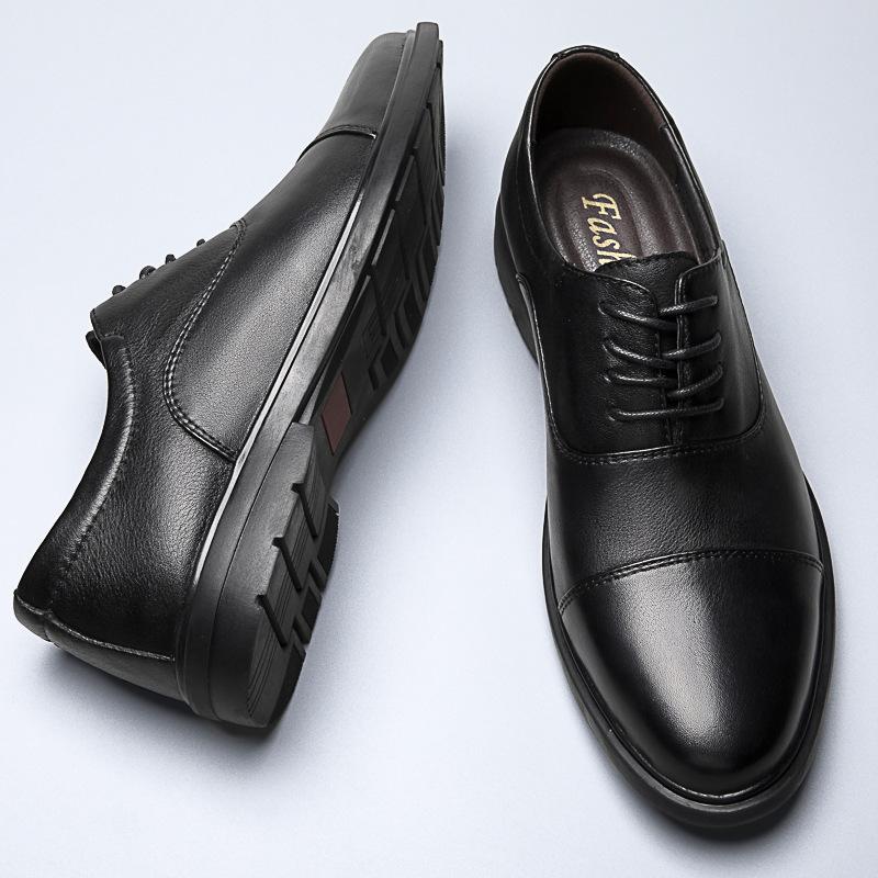 Men's shoes business casual shoes formal leather shoes men's spring low-top pure black cowhide foot cover large size small leather shoes