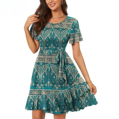 Women's Fashion Summer Spring Short Sleeve O-Neck High Waist Casual Dresses
