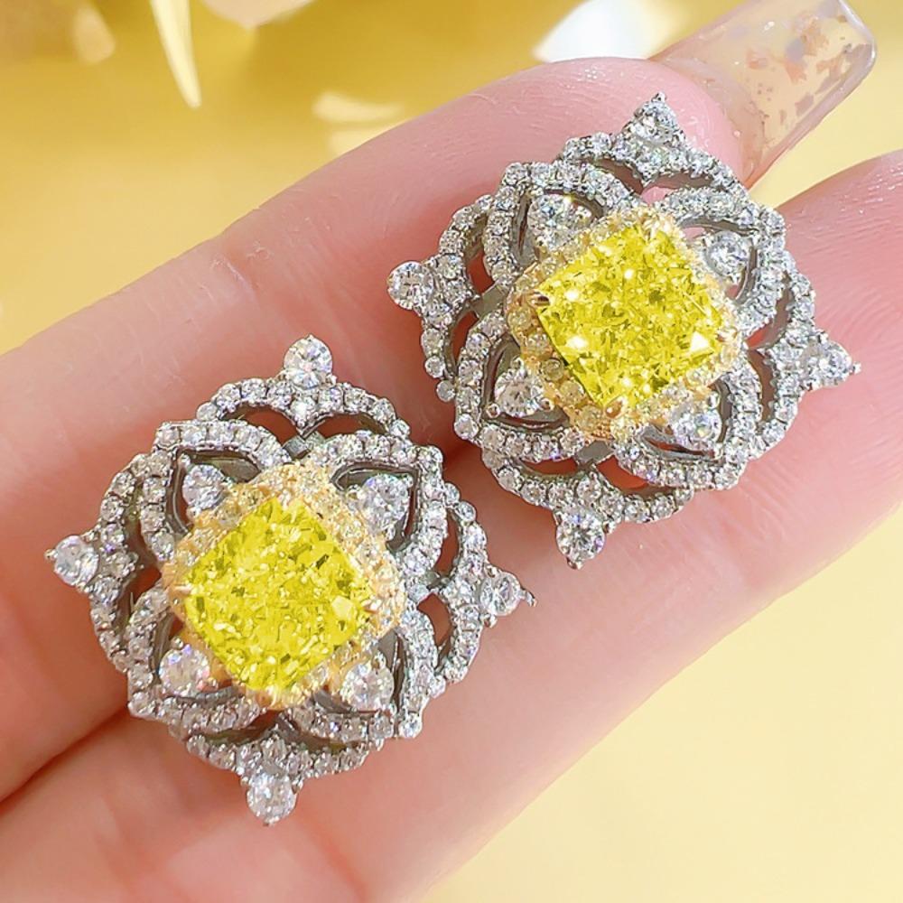 Fashion Vintage Women Jewelry Set Yellow Diamond Flower Ring Princess Cut Pendant Earrings Royal Blue Necklace