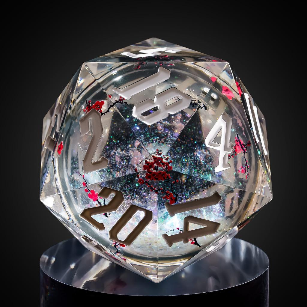 Cusdie 55MM D20 Kostky s ostrými hranami Samolepky švestkových květů 20stranné Kostky Písek v kostce D20 Polyedrické kostky pro RPG Stolní hru D&D Dárek