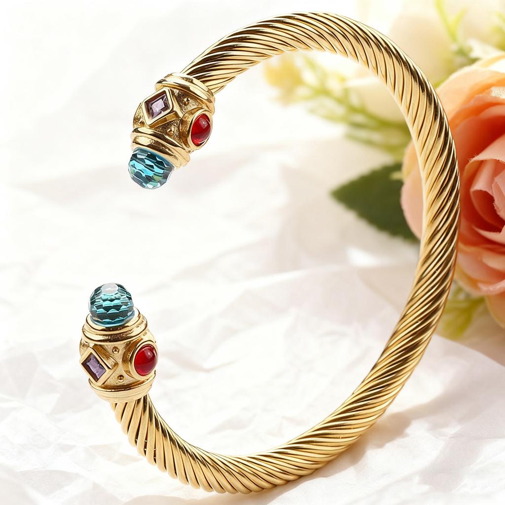 2026 Fashion European and American Steel Wire Bracelet Women's Geometric Niche Inlaid with Colored Diamonds Opening Does Not Fade 18k Gold Bracelet