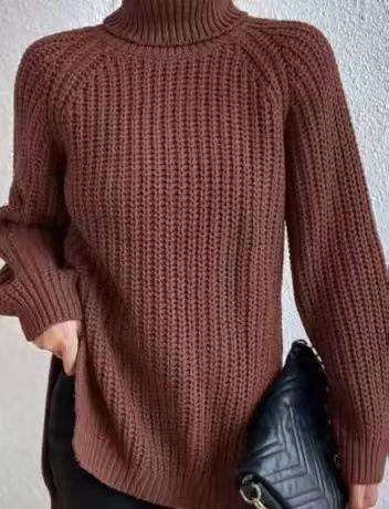 2026 autumn and winter new cross-border turtleneck knitted sweater medium and long shoulder sleeves high lapel split ends soft and comfortable women's