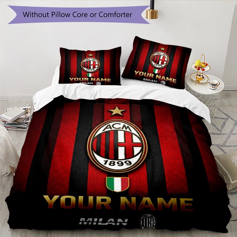 3pcs Custom Name AC Milan Crest Printed Bedding Set Duvet Cover Closure Includes 1 Duvet Cover & 2 Pillowcases, Soft and Comfortable for All Seasons.