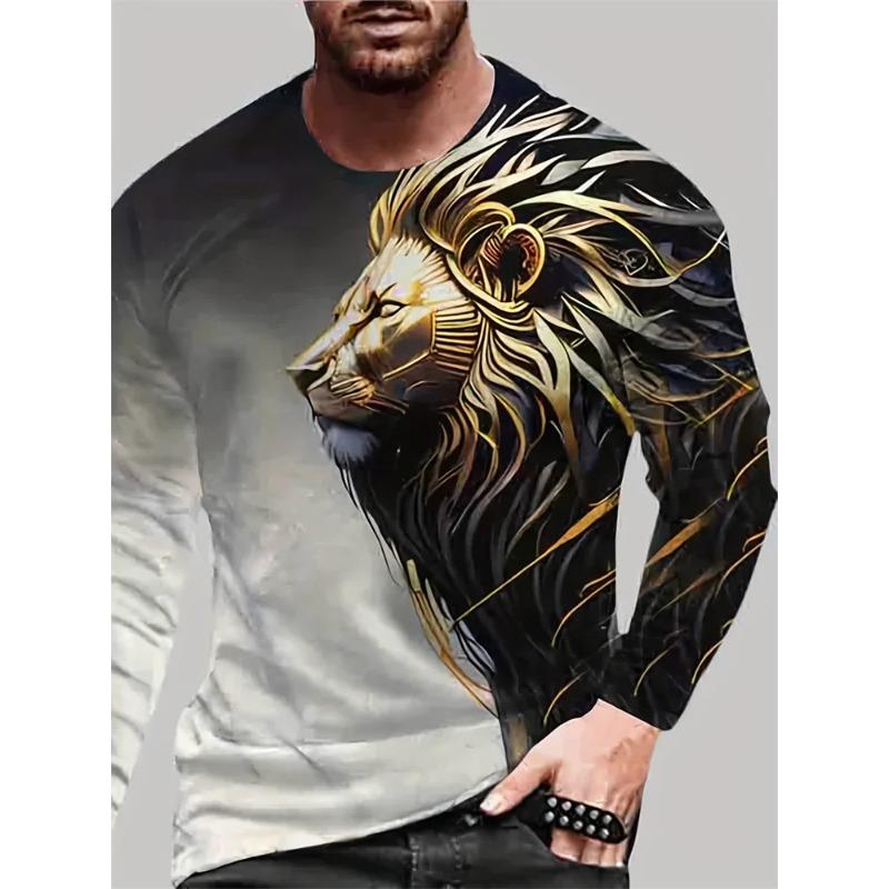 Spring and Autumn Round Neck 3D Lion Pattern Printed Top Fashionable Casual Long Sleeved Men's T-shirts