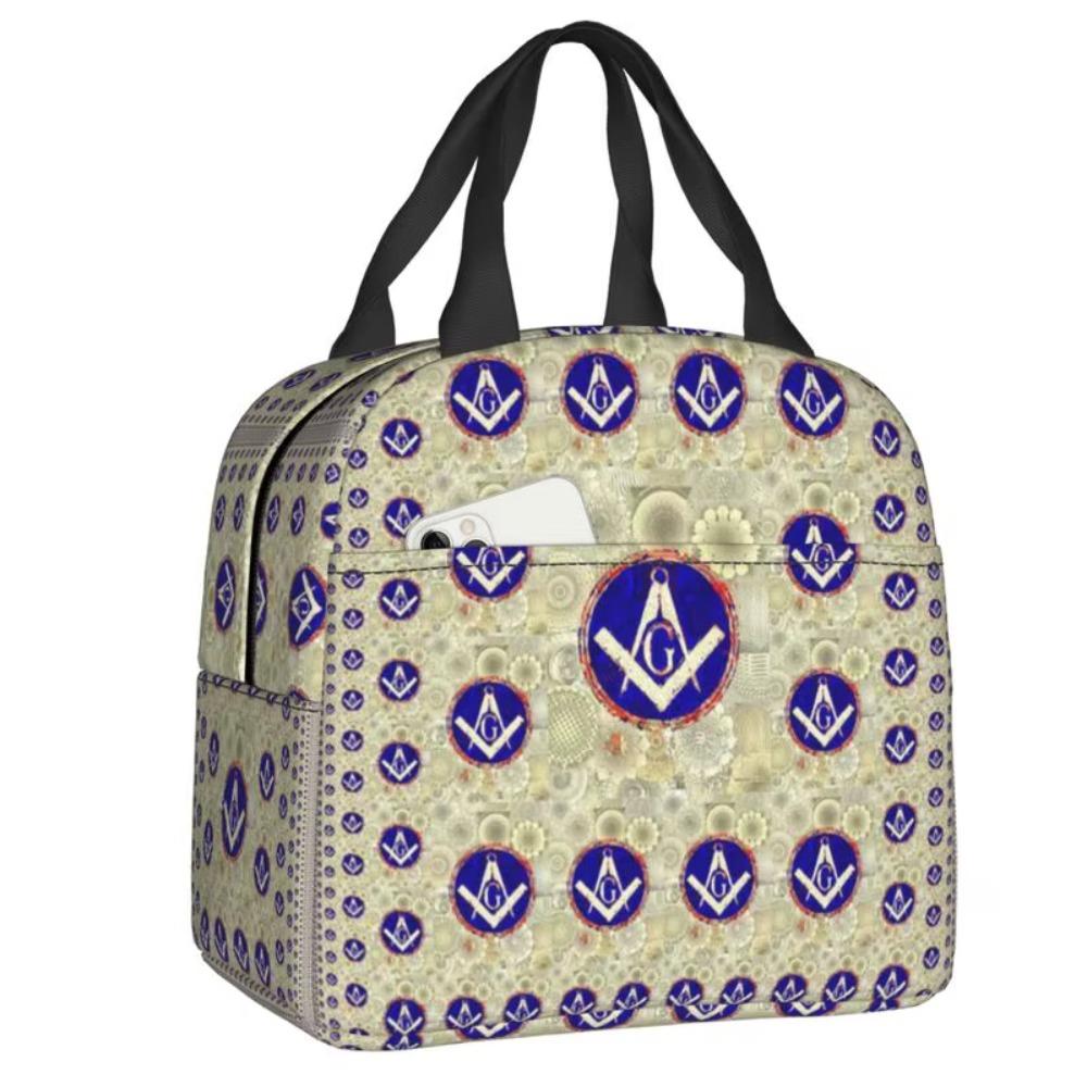 Custom Freemason Insulated Lunch Tote Bag for Women Masonic Pattern Portable Thermal Cooler Food Lunch Box Camping Travel