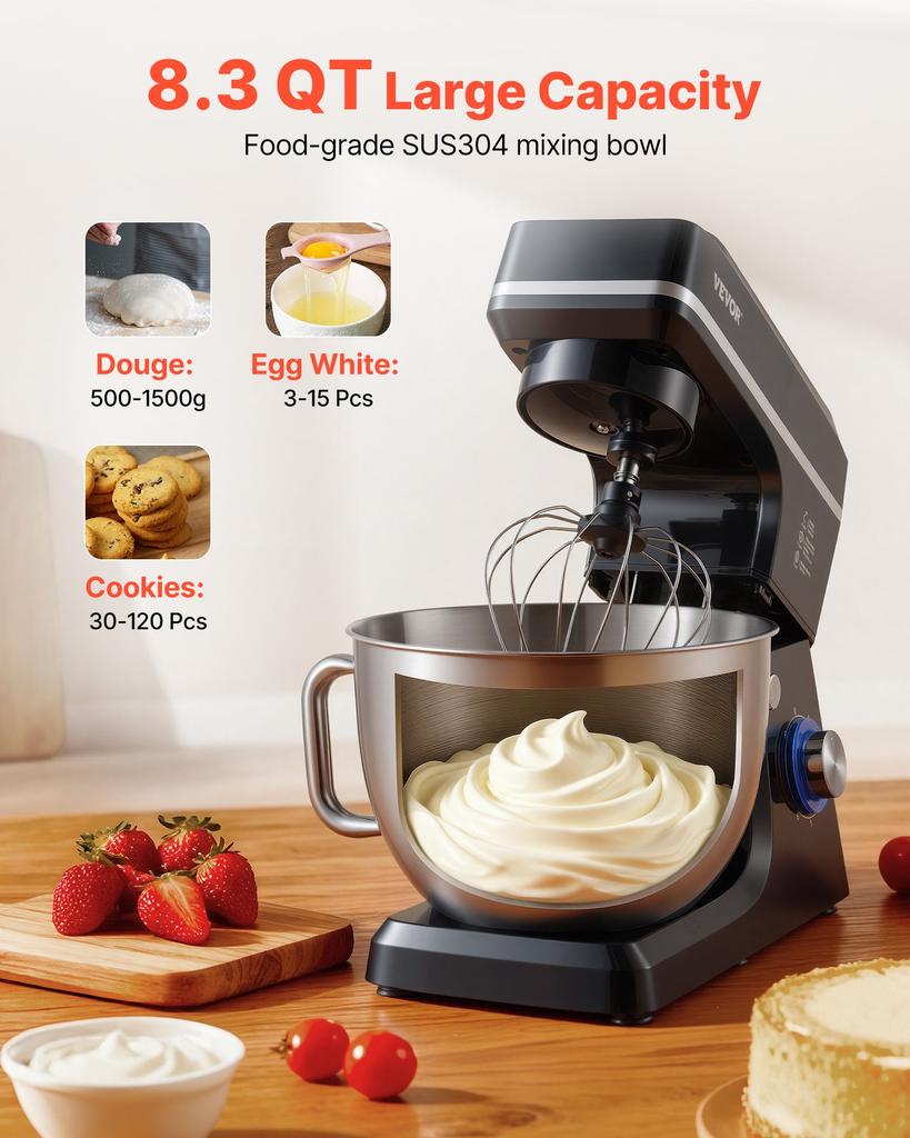 VEVOR Stand Mixer, 8.3QT Dough Mixer, 1400W 6+P Speeds Tilt-head Food Mixer with Stainless Steel Bowl, Dough Hook, Wire Whip, Flat Beater, Scraper