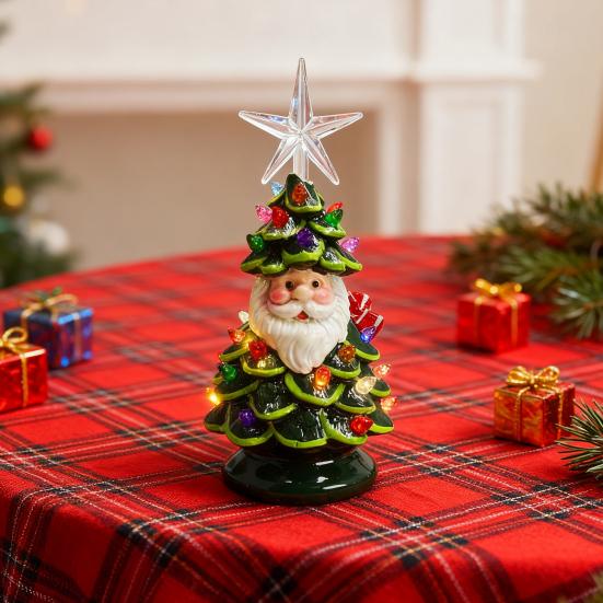 Decoración de Árbol de Navidad de Papá Noel Iluminado de Resina de 11 Pulgadas Luz de Árbol de Navidad de Anciano con Luces Multicolor y Estrella para Decoración de Mesa Festiva