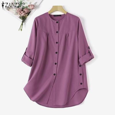 Women Casual Button O-neck Long Sleeve Loose Blouse
